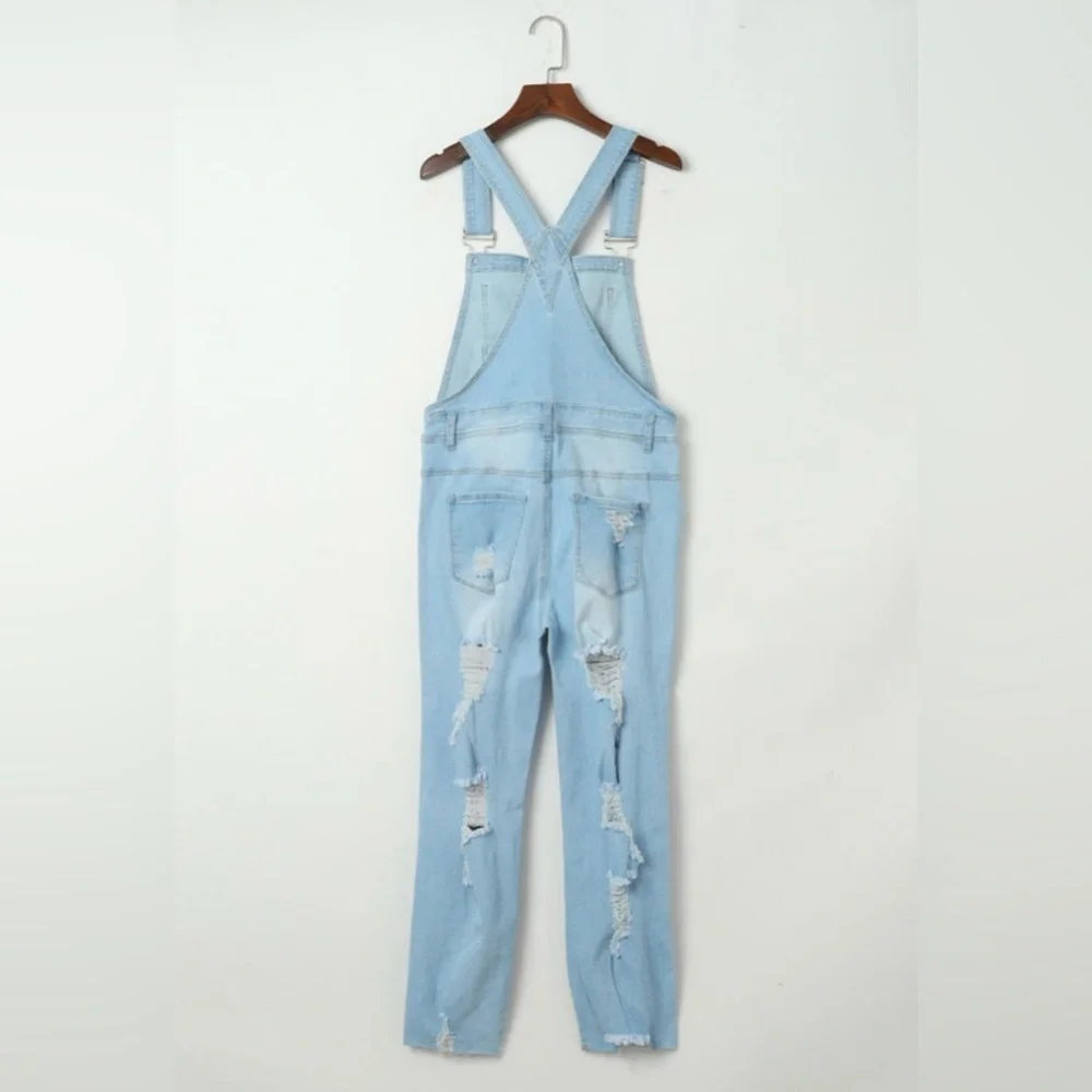 Women's Light Blue Distressed Denim Overalls - Picture 8 of 16